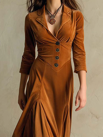 Elegant Velvet Maxi Dress for Women with Notch Lapel Collar Elbow Sleeve Button Front Flared Vintage Style