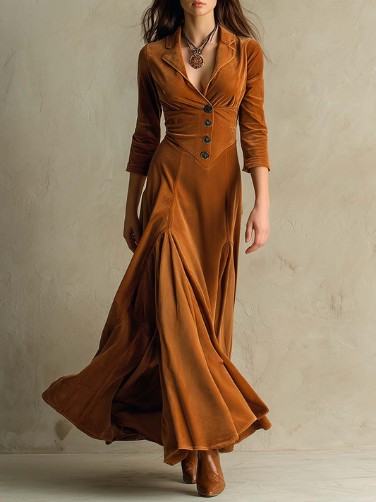Elegant Velvet Maxi Dress for Women with Notch Lapel Collar Elbow Sleeve Button Front Flared Vintage Style