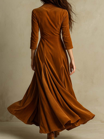 Elegant Velvet Maxi Dress for Women with Notch Lapel Collar Elbow Sleeve Button Front Flared Vintage Style