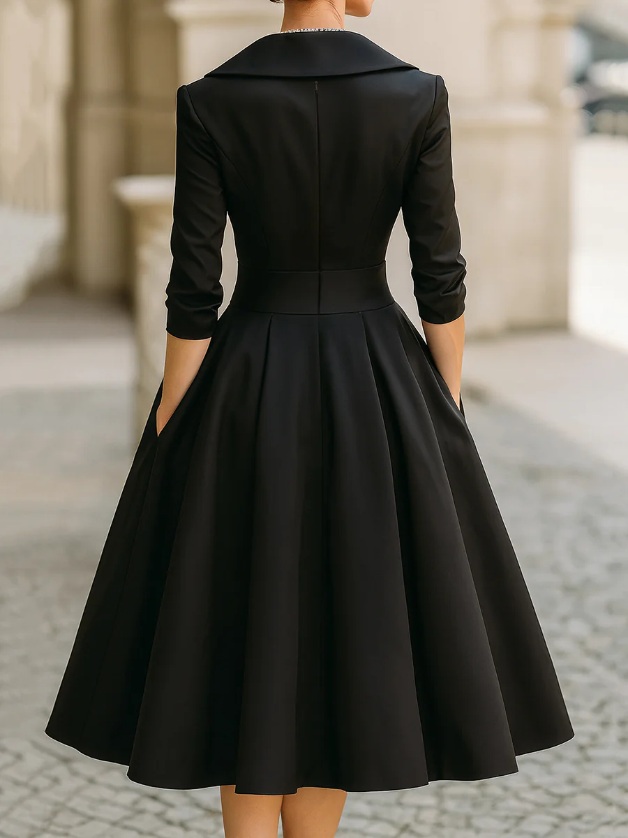 Elegant Satin Midi Dress for Women with Shawl Collar V Neck Elbow Sleeve Pleated Fit and Flare Style
