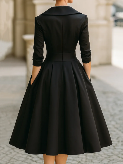 Elegant Satin Midi Dress for Women with Shawl Collar V Neck Elbow Sleeve Pleated Fit and Flare Style