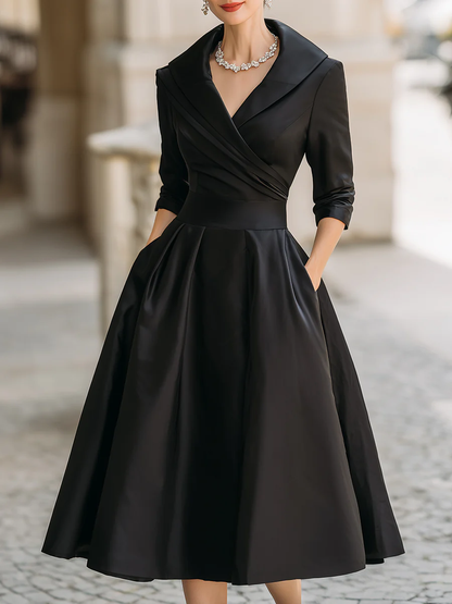 Elegant Satin Midi Dress for Women with Shawl Collar V Neck Elbow Sleeve Pleated Fit and Flare Style