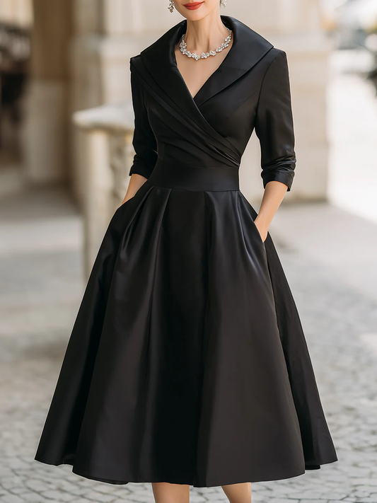 Elegant Satin Midi Dress for Women with Shawl Collar V Neck Elbow Sleeve Pleated Fit and Flare Style