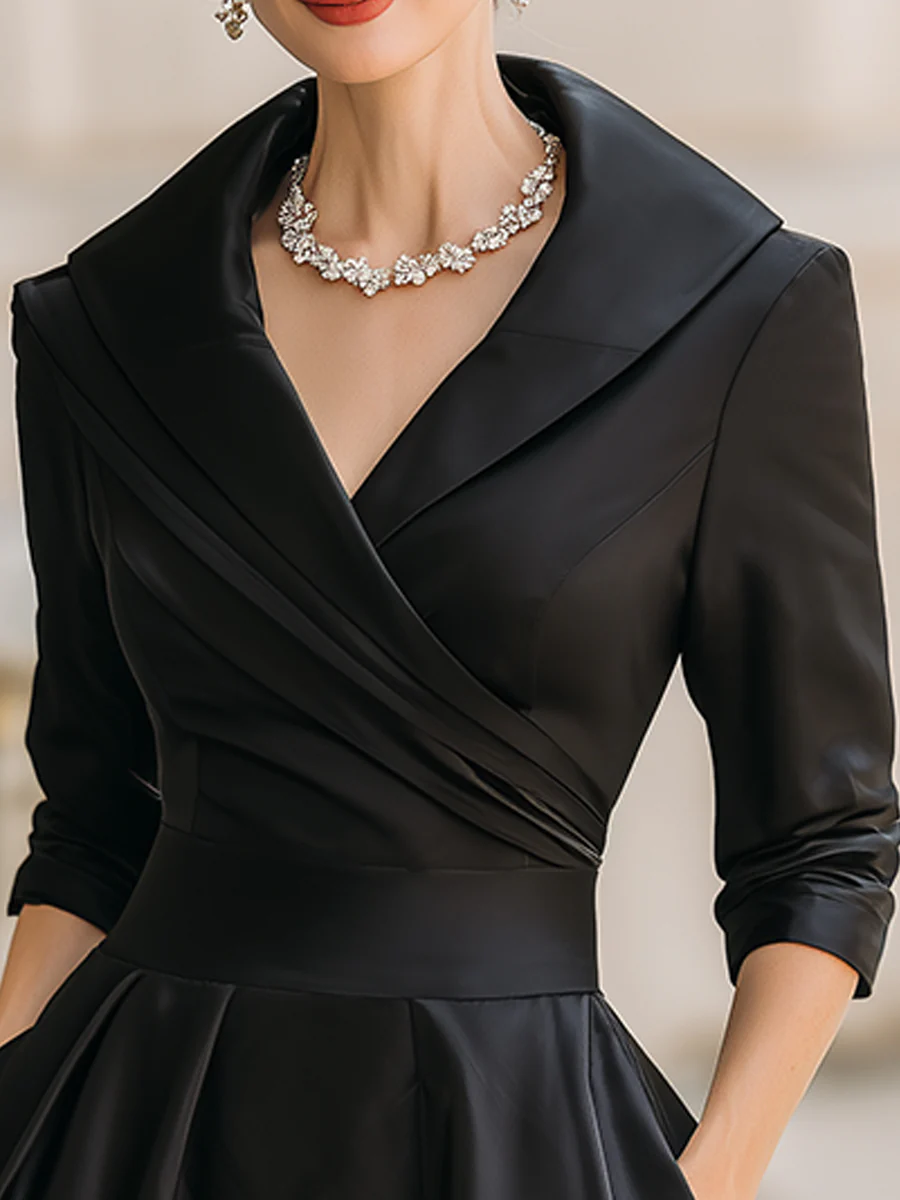 Elegant Satin Midi Dress for Women with Shawl Collar V Neck Elbow Sleeve Pleated Fit and Flare Style