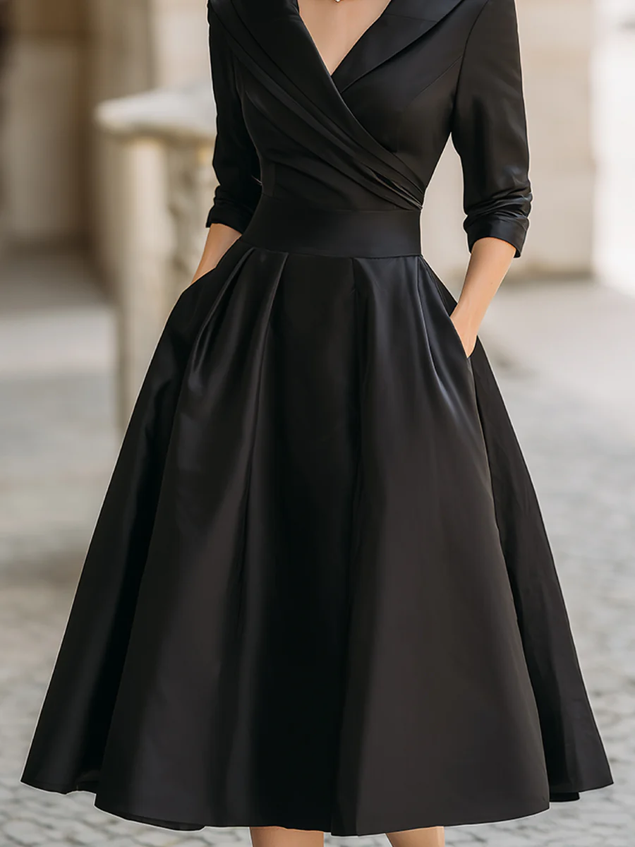 Elegant Satin Midi Dress for Women with Shawl Collar V Neck Elbow Sleeve Pleated Fit and Flare Style