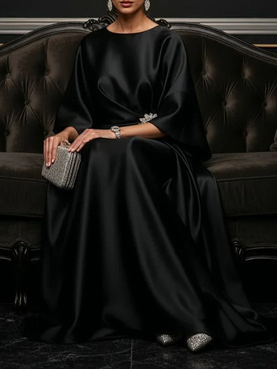 Elegant Satin Maxi Dress for Women with Round Neck Flutter Sleeve Draped Formal Wedding Guest Style