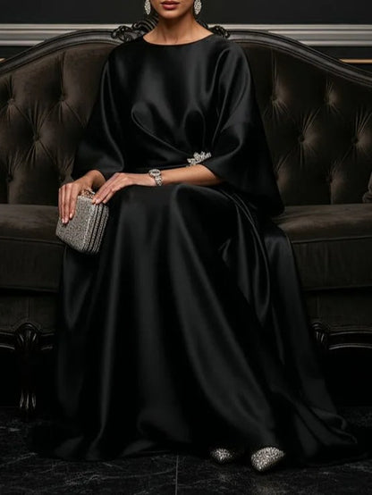 Elegant Satin Maxi Dress for Women with Round Neck Flutter Sleeve Draped Formal Wedding Guest Style