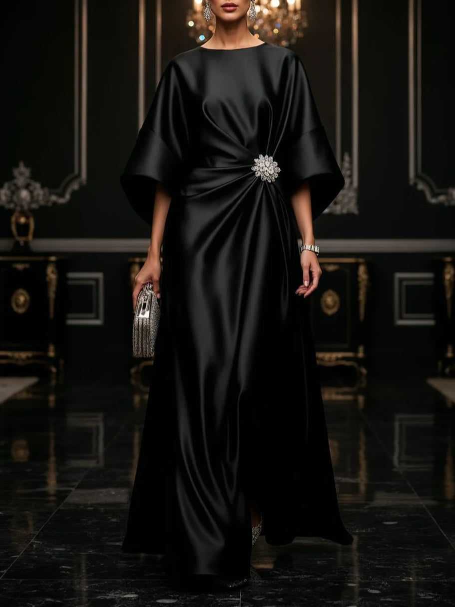Elegant Satin Maxi Dress for Women with Round Neck Flutter Sleeve Draped Formal Wedding Guest Style