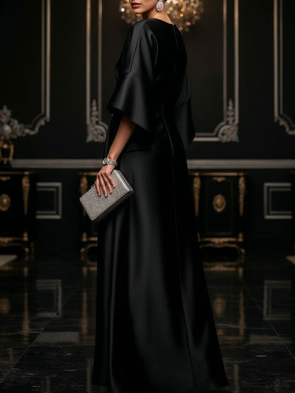 Elegant Satin Maxi Dress for Women with Round Neck Flutter Sleeve Draped Formal Wedding Guest Style
