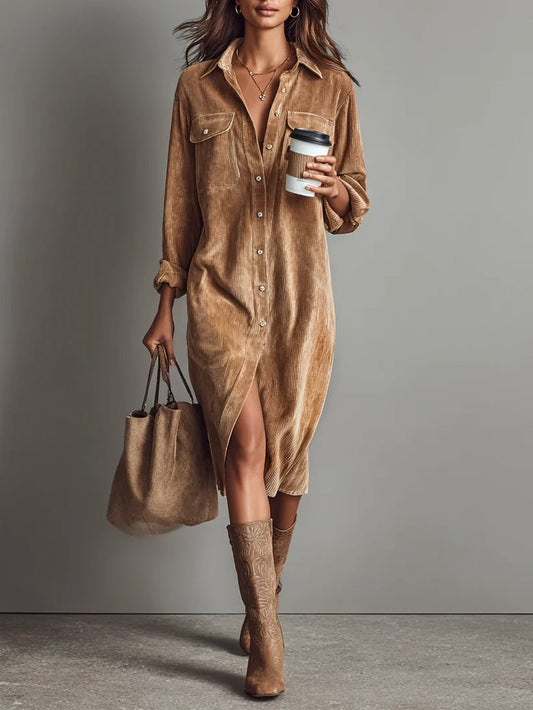 Elegant Corduroy Shirt Dress for Women with Collar Long Sleeve Button Front Side Slit Casual Style