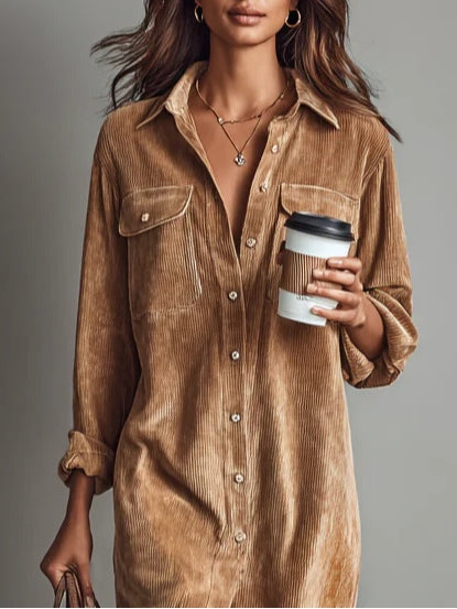 Elegant Corduroy Shirt Dress for Women with Collar Long Sleeve Button Front Side Slit Casual Style