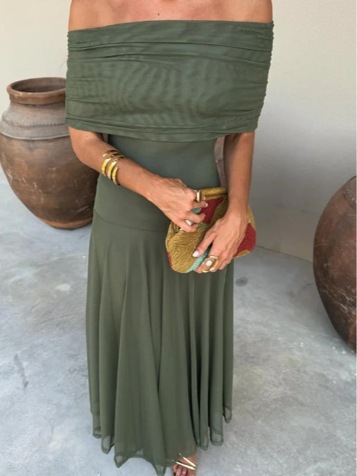 Elegant Mesh Maxi Dress for Women with Off Shoulder Ruched Bodice Flowing Evening Style