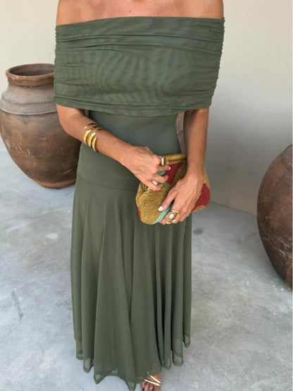 Elegant Mesh Maxi Dress for Women with Off Shoulder Ruched Bodice Flowing Evening Style