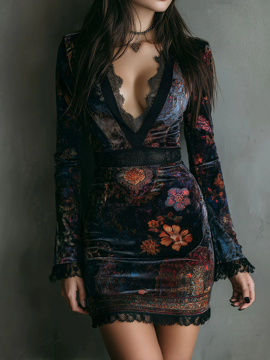 Elegant Floral Velvet Mini Dress for Women with V Neck Bell Sleeve Lace Trim Bodycon Style