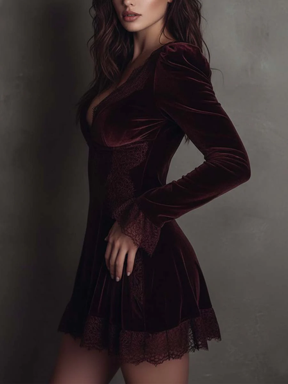 Elegant Burgundy Velvet Mini Dress for Women with V Neck Long Sleeve Lace Trim Cocktail Style