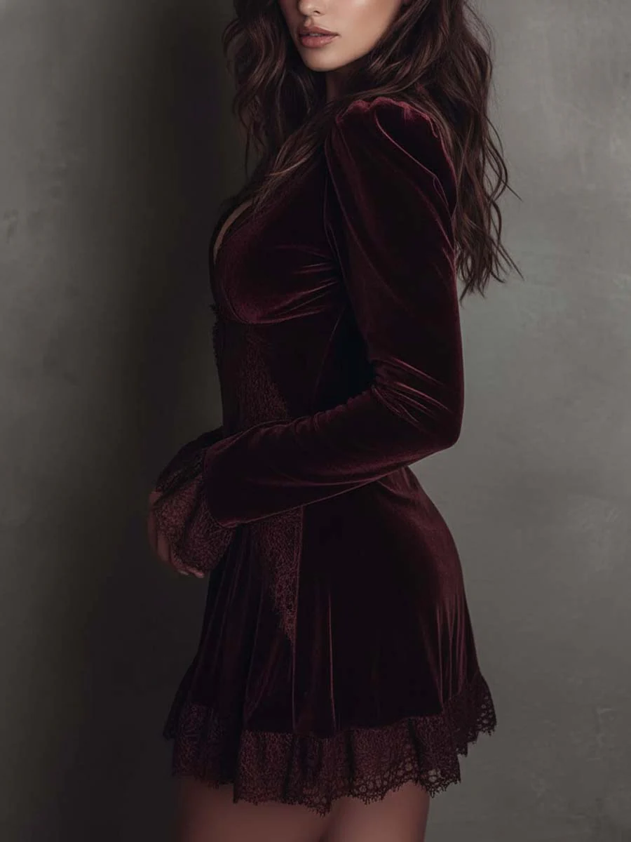 Elegant Burgundy Velvet Mini Dress for Women with V Neck Long Sleeve Lace Trim Cocktail Style