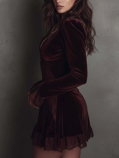 Elegant Burgundy Velvet Mini Dress for Women with V Neck Long Sleeve Lace Trim Cocktail Style