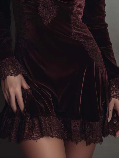 Elegant Burgundy Velvet Mini Dress for Women with V Neck Long Sleeve Lace Trim Cocktail Style
