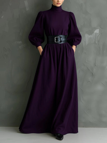 Elegant Dark Purple Maxi Dress for Women with High Neck Bishop Sleeve Belted A Line Flowing Style