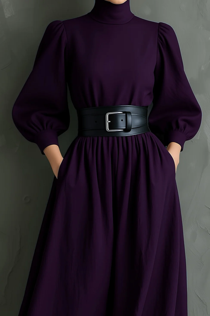 Elegant Dark Purple Maxi Dress for Women with High Neck Bishop Sleeve Belted A Line Flowing Style