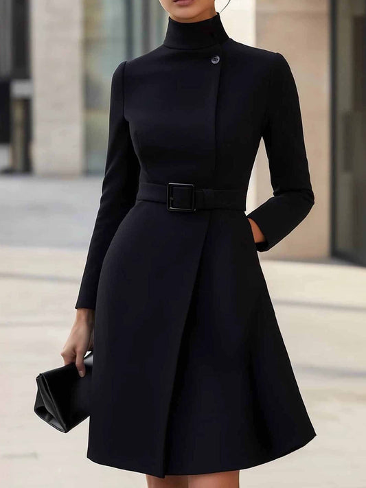 Elegant Wrap Dress for Women with Mock Neck Long Sleeve Belted A Line Cocktail Style