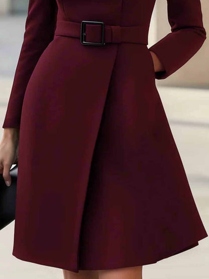 Elegant Wrap Dress for Women with Mock Neck Long Sleeve Belted A Line Cocktail Style