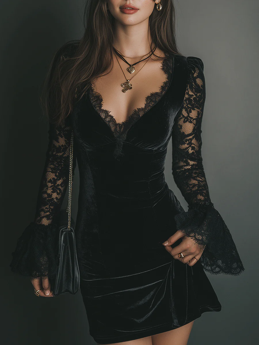 Elegant Black Velvet Mini Dress for Women with V Neck Lace Long Sleeve Bodycon Cocktail Style