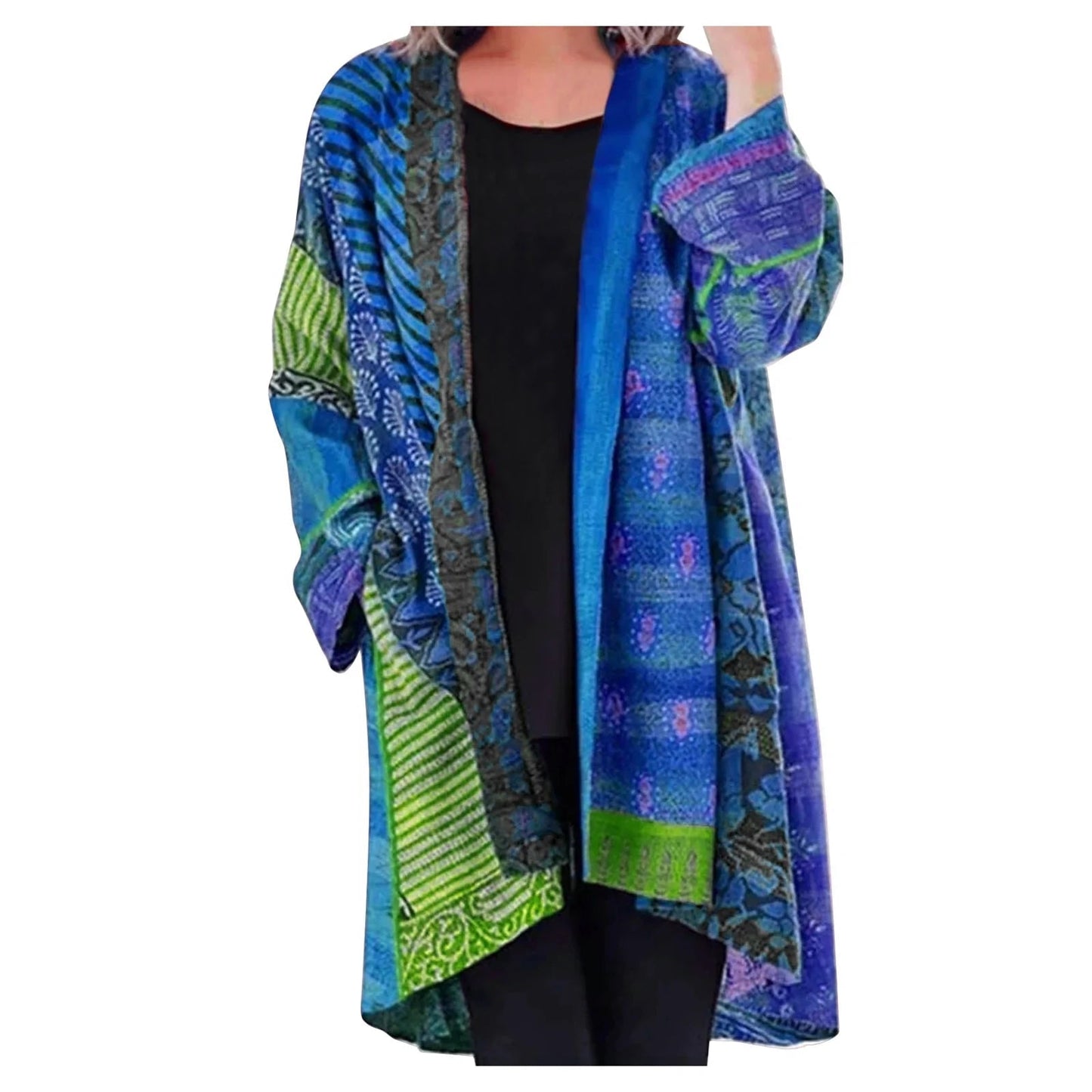 Effortless Patchwork Print Kimono Cardigan for Women with Open Front Long Sleeve Oversized Bohemian Style