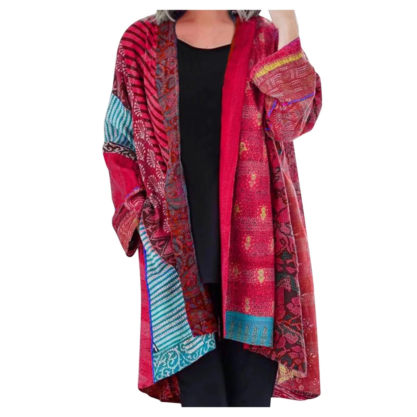 Effortless Patchwork Print Kimono Cardigan for Women with Open Front Long Sleeve Oversized Bohemian Style