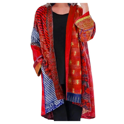 Effortless Patchwork Print Kimono Cardigan for Women with Open Front Long Sleeve Oversized Bohemian Style