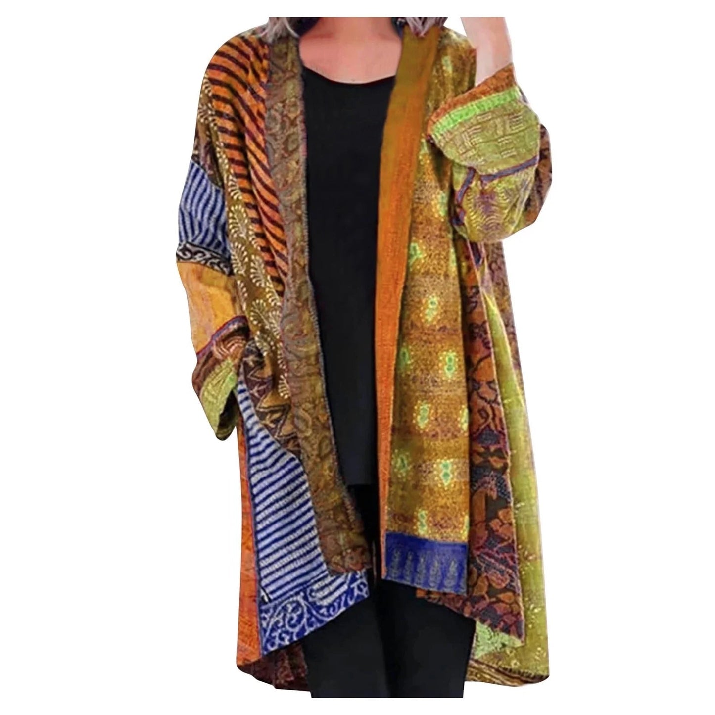 Effortless Patchwork Print Kimono Cardigan for Women with Open Front Long Sleeve Oversized Bohemian Style