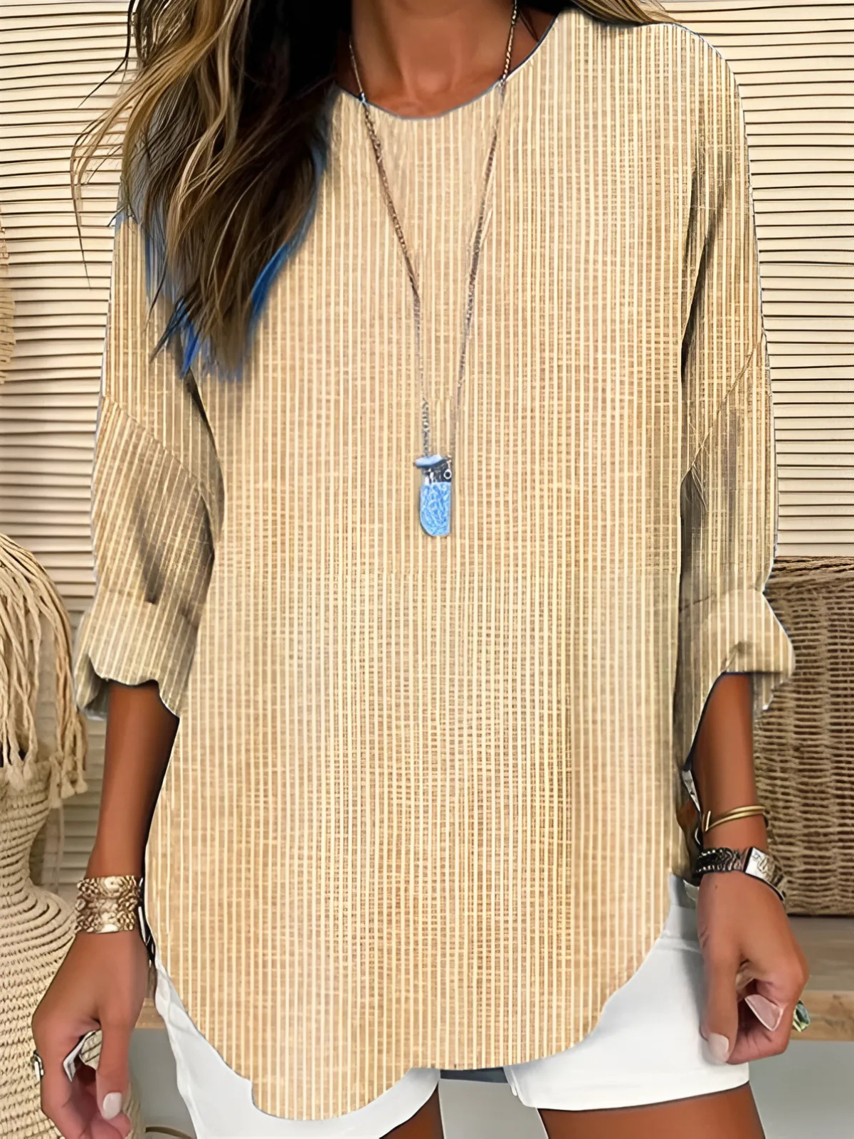 Effortless Striped Tunic Blouse for Women with Round Neck Elbow Sleeve Relaxed Curved Hem Casual Style