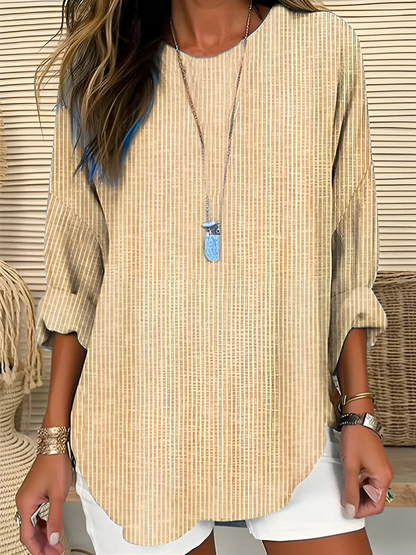 Effortless Striped Tunic Blouse for Women with Round Neck Elbow Sleeve Relaxed Curved Hem Casual Style