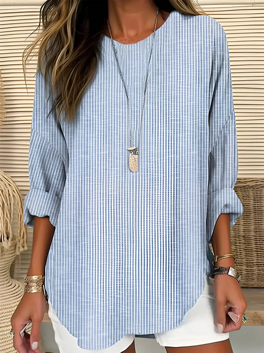 Effortless Striped Tunic Blouse for Women with Round Neck Elbow Sleeve Relaxed Curved Hem Casual Style