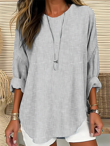Effortless Striped Tunic Blouse for Women with Round Neck Elbow Sleeve Relaxed Curved Hem Casual Style