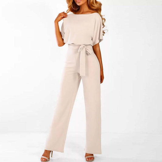 Elegant Wide Leg Jumpsuit for Women with Boat Neck Batwing Sleeve Belted Relaxed Style