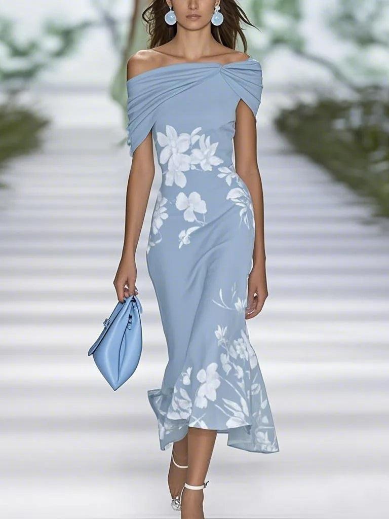 Elegant Floral Midi Dress for Women with Off Shoulder Short Sleeve Ruched Mermaid Hem Style