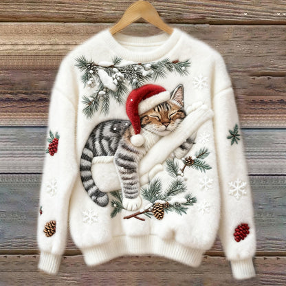 Comfortable Christmas Cat Print Sweater for Women with Crew Neck Long Sleeve Embroidered Fuzzy Knit Style