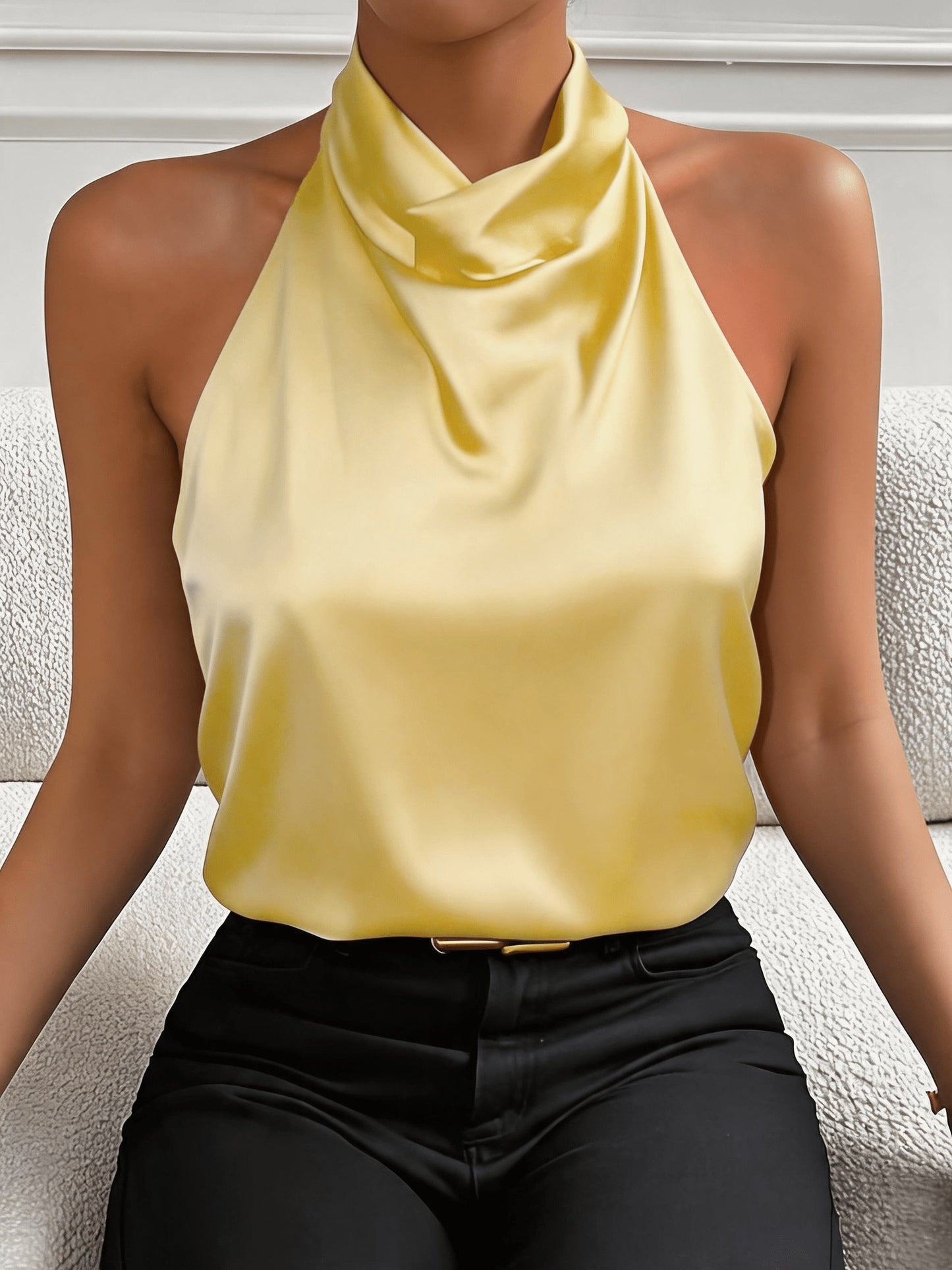 Elegant White Satin Blouse for Women with Cowl Neck Halter Sleeveless Draped Silky Style