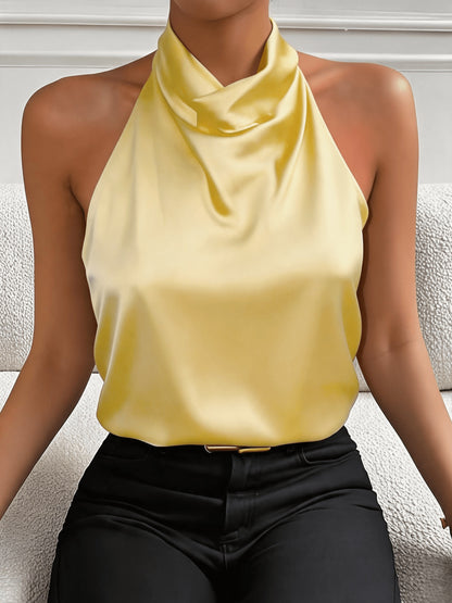Elegant White Satin Blouse for Women with Cowl Neck Halter Sleeveless Draped Silky Style