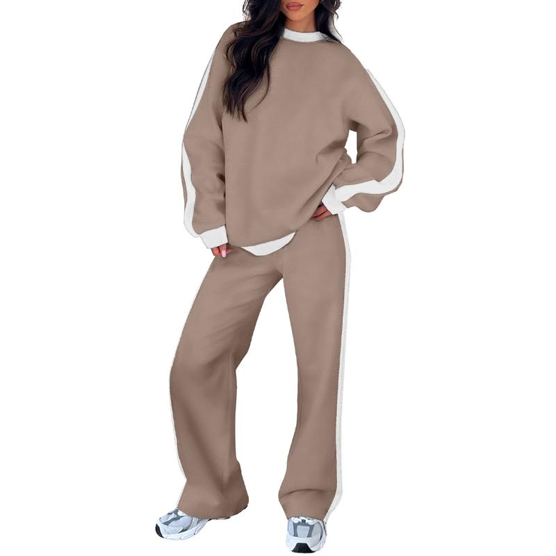 Effortless Colorblock Sweat Set for Women with Crewneck Long Sleeve Wide Leg Relaxed Style
