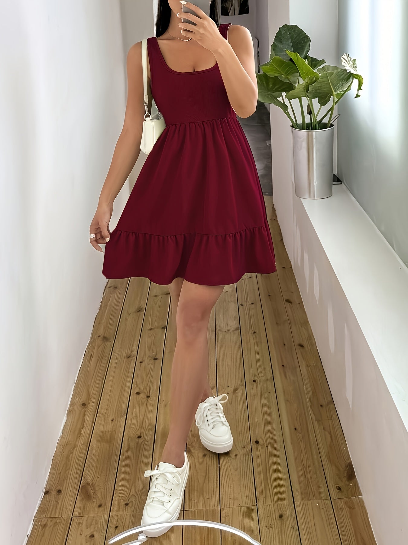 Effortless Ribbed Tiered Mini Dress for Women with Square Neck Sleeveless Ruffle Hem Flowy Casual Style