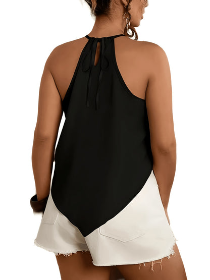 Effortless Colorblock Halter Top for Women with High Neck Sleeveless Pleated Flowing Style
