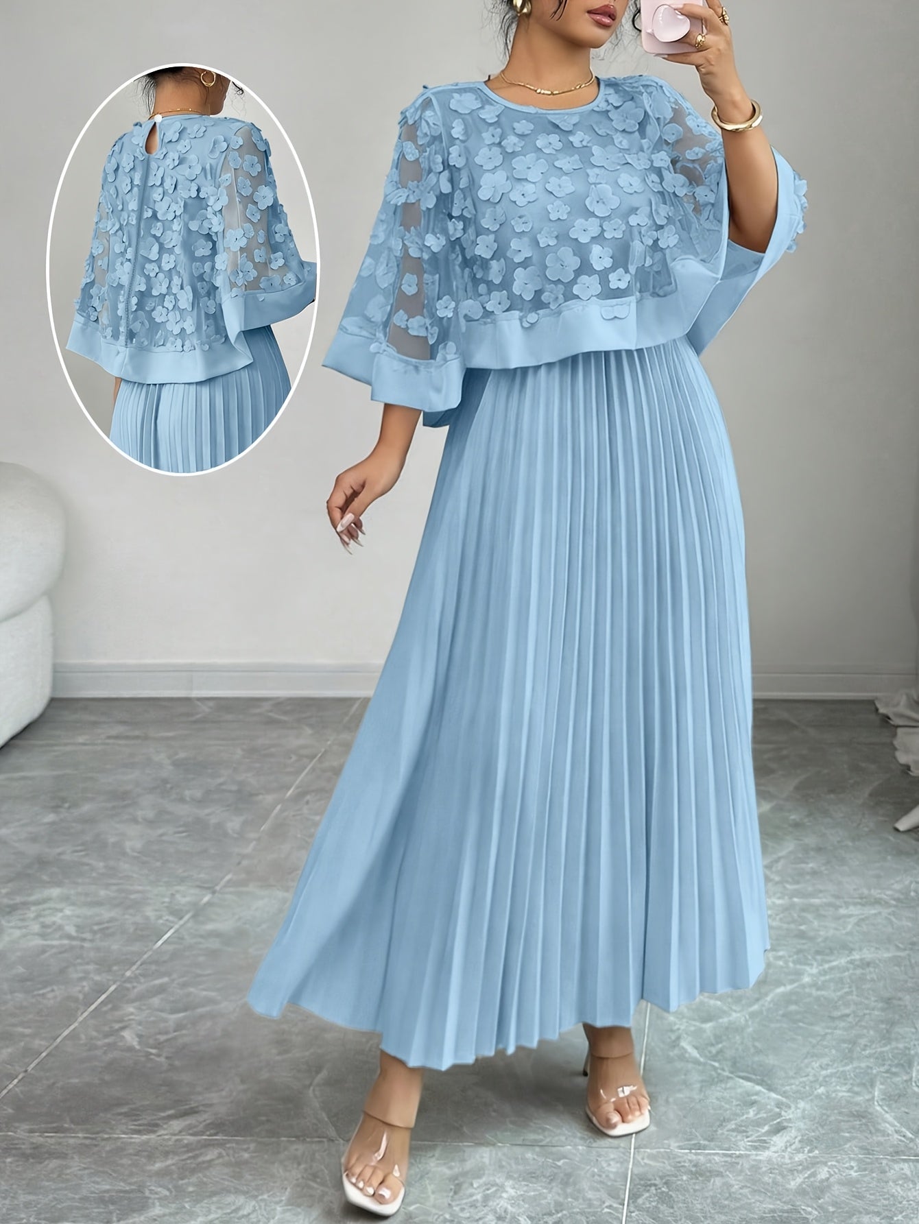Elegant Floral Mesh Two Piece Set for Women with Round Neck Flutter Sleeve Pleated Maxi Skirt Formal Style