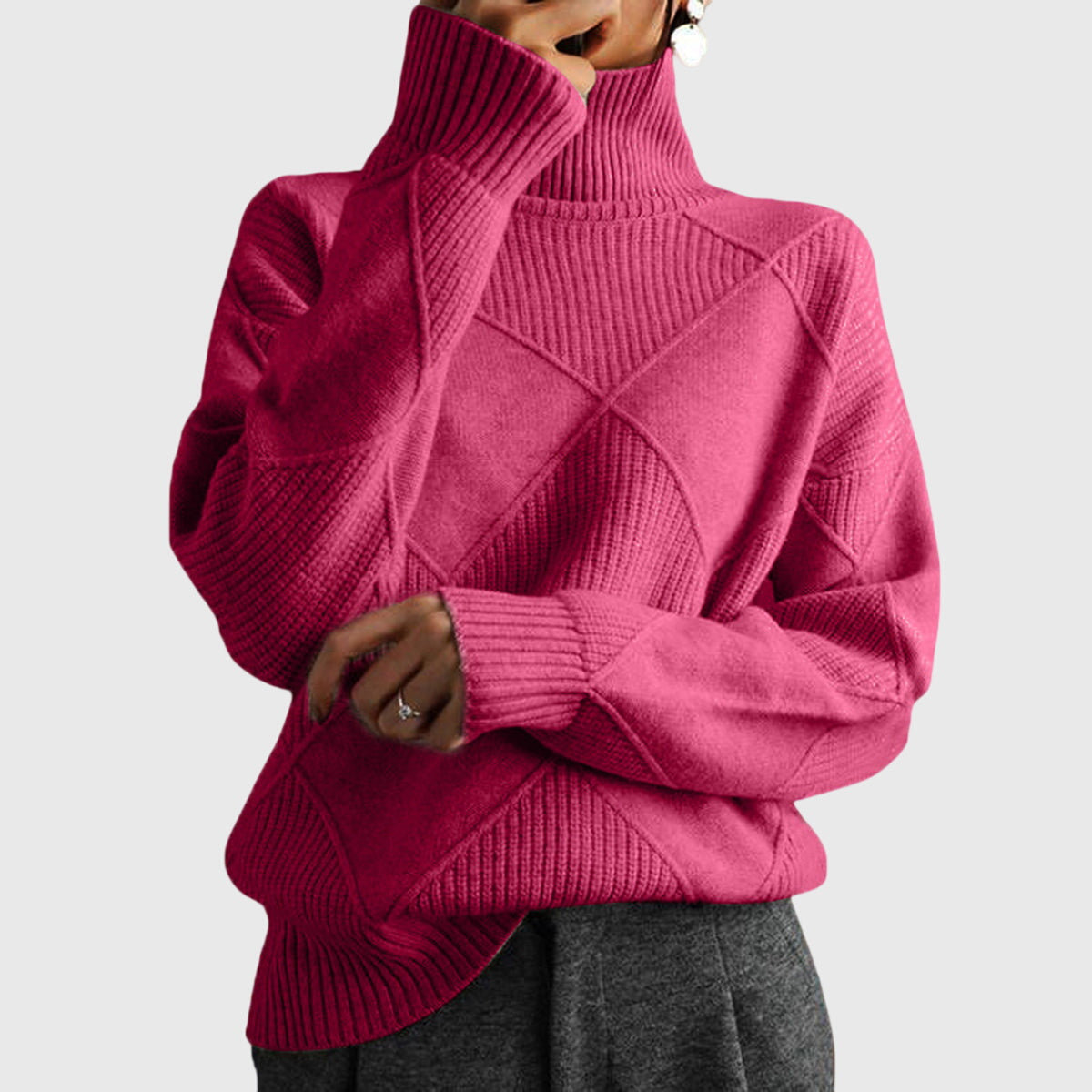 Comfortable Diamond Knit Turtleneck Sweater for Women with High Neck Long Sleeve Relaxed Oversized Style