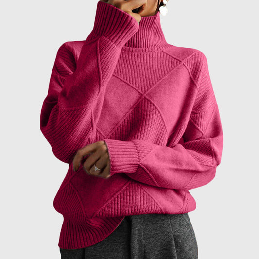 Comfortable Diamond Knit Turtleneck Sweater for Women with High Neck Long Sleeve Relaxed Oversized Style