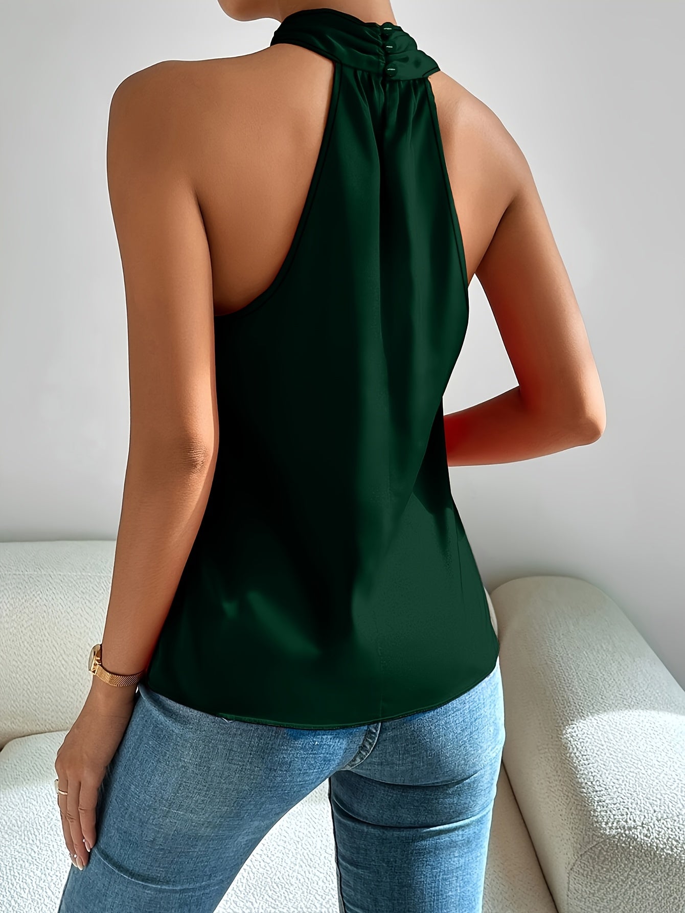 Elegant Satin Halter Top for Women with Crisscross Neck Sleeveless Draped Tank Style