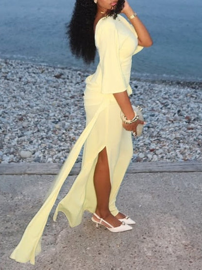 Elegant Yellow Maxi Dress for Women with High Neck Backless Batwing Sleeve Ruched Side Slit Formal Style