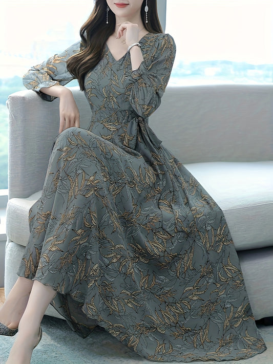 Elegant Sage Green Leaf Print Maxi Dress for Women with V Neck Long Sleeve Tie Waist Flowing Wedding Guest Style