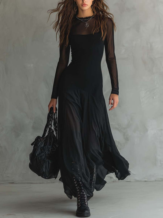 Elegant Black Mesh Maxi Dress for Women with High Neck Long Sleeve Sheer Flowing Gothic Style